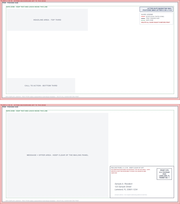 Front and address side of the 6x11 postcard template with trim, bleed and mailing panel marked